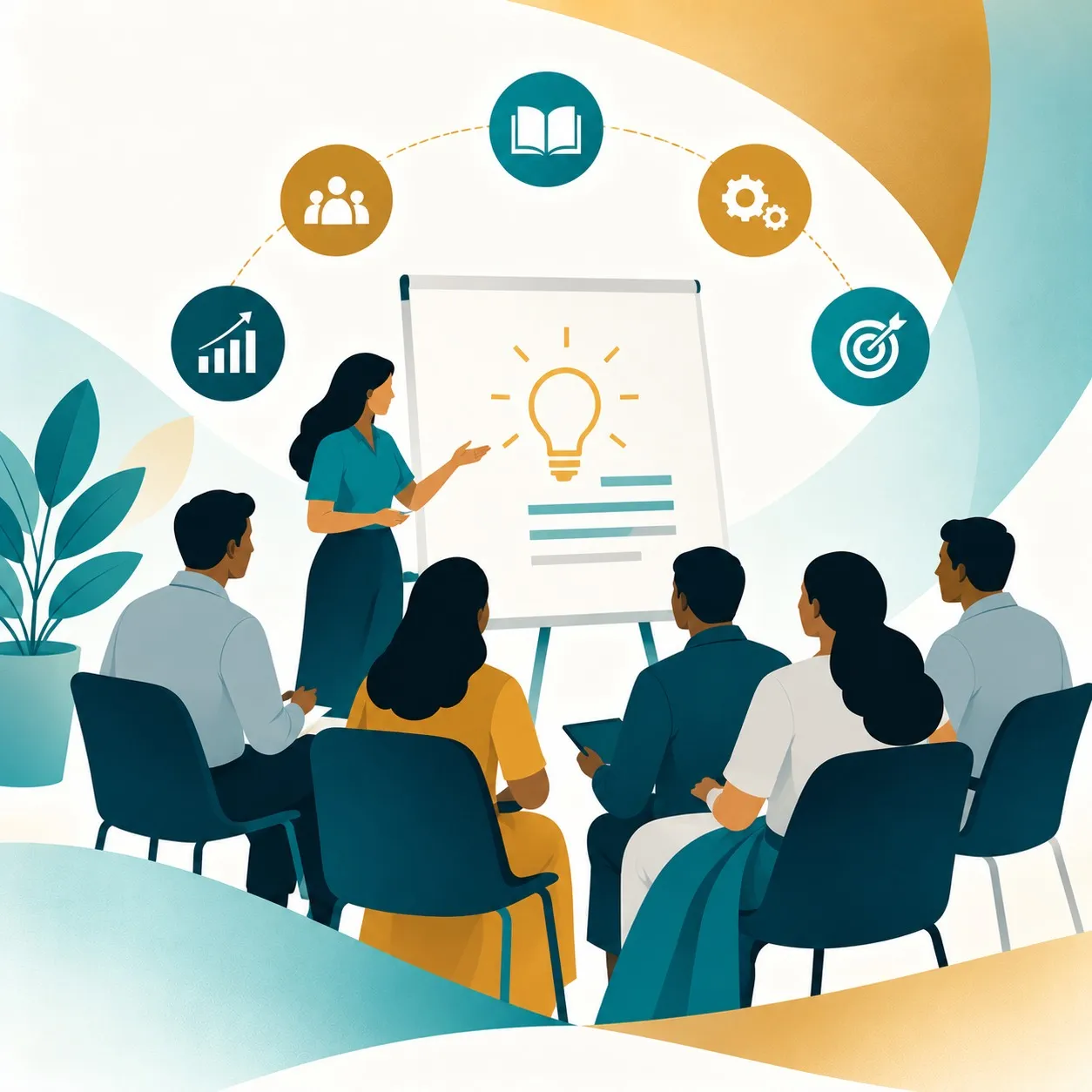 A trainer presenting a lightbulb idea on a flipchart to a seated group, with icons for teamwork, learning and growth above.