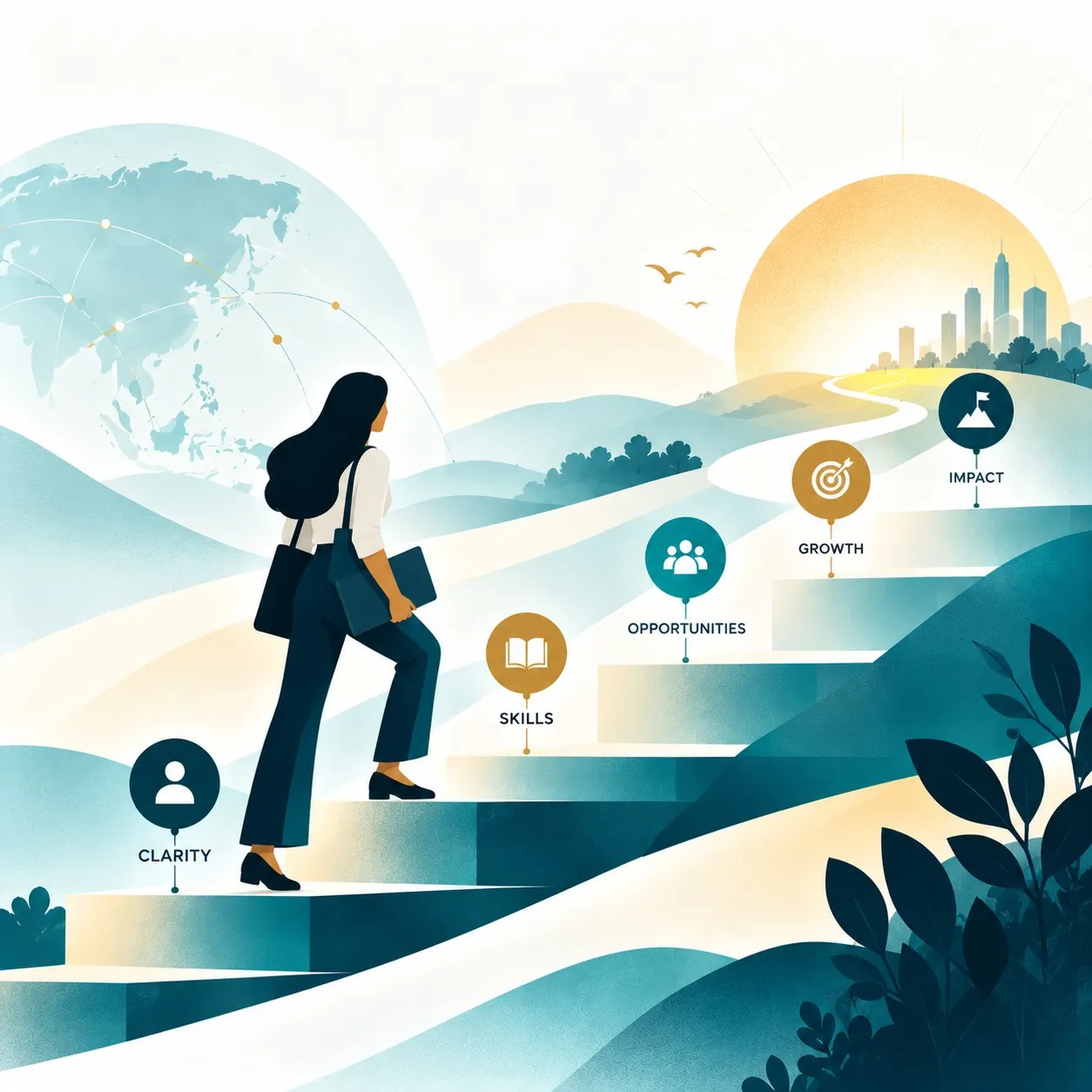 A professional woman climbing steps labelled Clarity, Skills, Opportunities, Growth and Impact toward a sunrise over a city.
