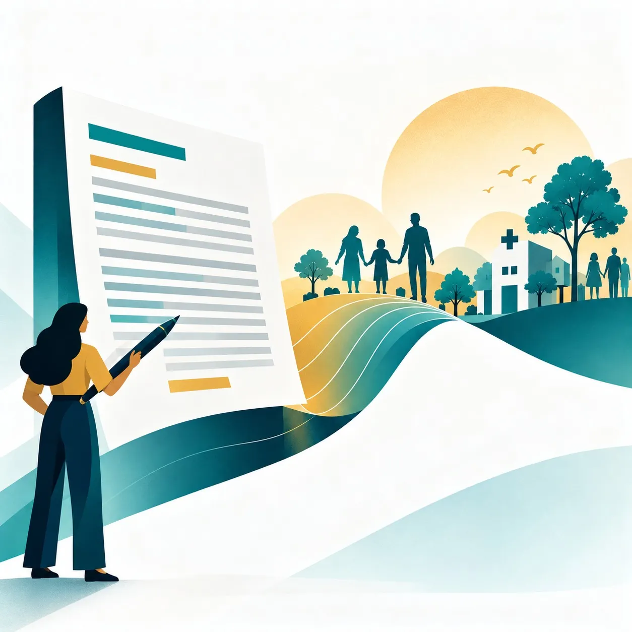 A woman holding a large pen beside a giant document, with a path leading from the page to a community of families, a clinic and trees at sunrise.